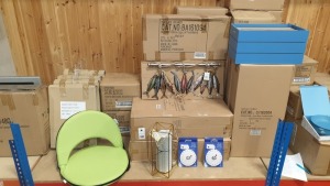 MISC LOT OF PREMIER GARDEN PRODUCTS ON A SHELF IE. WHITBY PORTABLE CAMPING CHAIRS, BBQ KIT FOR PIZZA