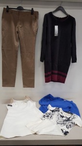 6 PIECE MIXED CLOTHING LOT CONTAINING MOSCHINO DRESS SIZE 12, FAZE 8 JUMPER SIZE 8, BETTY BARCLAY T SHIRT SIZE 10, MARC AUREL DRESS SIZE 14, WINSER LONDON JUMPER SIZE MEDIUM AND HOWICK CHINOS SIZE 36R