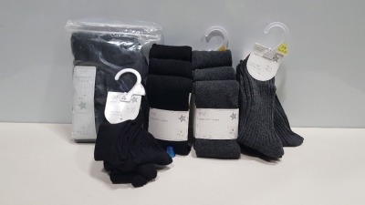 60 X BRAND NEW KIDS TESCO / F&F PACKS OF 3 & 5 SUPER SOFT COTTON RICH TIGHTS IN GREY AND BLACK AND COTTON RICH SOCKS IN GREY AND BLACK IN VARIOUS SIZES (MAINLY TIGHTS) IN 3 TRAYS (NOT INCLUDED)