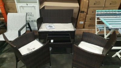 4 PC RATTAN STYLE GARDEN SET COMPRISING DOUBLE BENCH, 2 ARMCHAIRS AND A SMALL COFFEE TABLE WITH