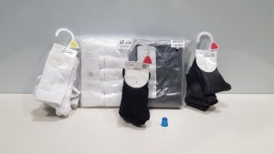 40 X BRAND NEW TESCO / F&F KIDS PACKS OF 3, 5 & 10 CONTAINING COTTON RICH SOCKS IN BLACK, GREY AND WHITE IN VARIOUS SIZES IN 2 TRAYS (NOT INCLUDED)