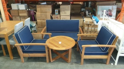 4 PC WOODEN GARDEN SET COMPRISING LARGE DOUBLE BENCH, 2 X ARMCHAIRS PLUS A ROUND COFFEE TABLE WITH
