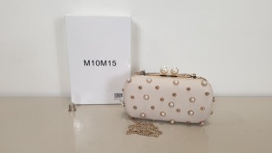 APPROX 75 X M10M15 LEATHER STYLE BAGS WITH GOLD AND PEARLS DESIGN AND METALLIC CHAIN