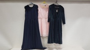3 PIECE MIXED DRESS LOT CONTAINING BRUCE OLDFIELD VELEVET FOREST GREEN DRESS SIZE 16 RRP £159.00, PINK WAREHOUSE DRESS SIZE 10 AND A JOHN LEWIS LACE BACK DRAPED DRESS IN NAVY SIZE 14 RRP £130.00