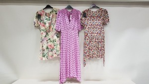 14 PIECE MIXED CLOTHING LOT CONTAINING FAITHFUL THE BRAND VENISSA FLORAL PRINT MINI DRESS SIZE SMALL, FAITHFUL THE BRAND VITTORIA DOT PRINT LIALIC MIDI DRESS SIZE MEDIUM, FAITHFUL THE BRAND FLORAL PRINT RAFHAELA DRESS SIZE MEDIUM, MAX STUDIO COLD SHOULDER