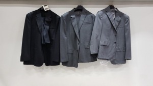 7 X BRAND NEW LUTWYCHE SUITS IN PLAIN GREY, CHARCOAL AND BLACK SIZE 42R, 44R, 48R AND 50R (PLEASE NOTE SUITS ARE NOT FULLY TAILORED)