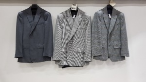 7 X BRAND NEW LUTWYCHE SUITS IN PLAIN GREY STRIPED, PATTERNED AND PLAIN SIZE 38R, 42R, AND 50R (PLEASE NOTE SUITS ARE NOT FULLY TAILORED)