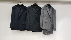 8 X BRAND NEW LUTWYCHE SUITS IN NAVY, BLACK AND PATTERNED GREY SIZE 42R, 44L AND 52R (PLEASE NOTE SUITS ARE NOT FULLY TAILORED)
