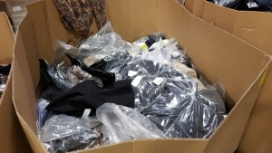 3/4 OF A PALLET OF CLOTHING CONTAINING TOPSHOP FLOWER DETAILED DRESSES, F&F FAUX FUR HOODED COATS, EVANS GREY TOPS, JOANNA HOPE WHITE PANTS, M&S COLLECTION PANTS IN VARIOUS STYLES, TOPSHOP BLACK LEATHER JACKETS AND TOPSHOP BLACK SKIRT ETC