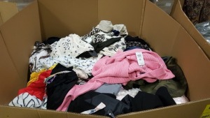 FULL PALLET OF CLOTHING CONTAINING MINI MOUSE DENIM DUNGARESS, CAFFARAI PINK SHIRTS, JETTON FLOWER DETAILED TOPS, F&DF BAGS, F&F JEGGINGS, F&F DENIM JEANS AND F&F BLAZERS ETC