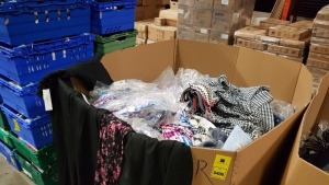 FULL PALLET OF CLOTHING CONTAINING TOPSHOP OPEN BACK CHEQUERED DRESSES, DOROTHY PERKINS SLIM TROUSERS, DOROTHY PERKINS BELTS, MISS SELFRIDGE DRESSES, EVANS MULTI COLOURED LONG DRESSES AND TOPSHOP BLACK COAT ETC