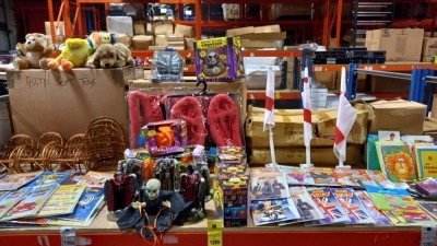LARGE SELECTION OF GIFTSHOP ITEMS ON A FULL SHELF IE. BIRTHDAY CARDS, CAR FLAGS, WEEPING REAPER FOUNTAIN, ASSORTED PLUSH SOFT TOYS, WICKER ROCKERS, HALLOWEEN GIFTS, NOVELTY CARDS, ETC