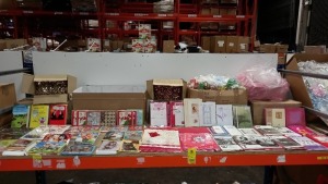 LARGE SELECTION OF GIFTSHOP ITEMS ON A FUILL SHELF IE. NOVELTY BIRTHDAY CARDS, CHRISTMAS GIFT BOWS, VALENTINES CARDS, CHRISTMAS CARDS, LEAVING CARDS ETC.