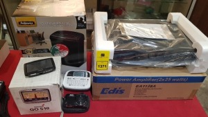 MISC ELECTRONIC LOT IE. BRAND NEW EDIS POWER AMPLIFIER (2 X 25W) - MODEL EA1128A, FELLOWES POWERSHRED H-8C, TOMTOM GO 510, FUJIFILM CAMERA PLUS A BROTHER P-TOUCH 90 - NO LEAD