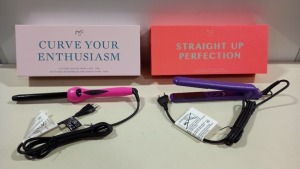 2 X BRAND NEW PYT (PRETTY YOUNG THING) HAIR STYLING TOOLS IE. 1 X STRAIGHTENER TONGUES PURPLE, 1 X CURLING WAND PINK - NOTE: EURO PLUGS