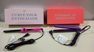 2 X BRAND NEW PYT (PRETTY YOUNG THING) HAIR STYLING TOOLS IE. 1 X STRAIGHTENER TONGUES PURPLE, 1 X CURLING WAND PINK - NOTE: EURO PLUGS