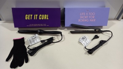 2 X BRAND NEW PYT (PRETTY YOUNG THING) HAIR STYLING TOOLS IE. 1 X STRAIGHTENER TONGUES BLACK, 1 X CURLING WAND BLACK - NOTE: EURO PLUGS