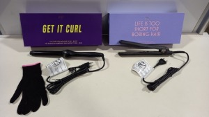2 X BRAND NEW PYT (PRETTY YOUNG THING) HAIR STYLING TOOLS IE. 1 X STRAIGHTENER TONGUES BLACK, 1 X CURLING WAND BLACK - NOTE: EURO PLUGS