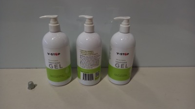 360 X BRAND NEW V-STOP 75% SANITISING GEL IN 500ML DISPENSER BOTTLES - EXP DATE FEBRUARY 2024 - IN 18 CARTONS