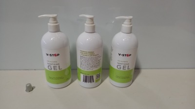 360 X BRAND NEW V-STOP 75% SANITISING GEL IN 500ML DISPENSER BOTTLES - EXP DATE FEBRUARY 2024 - IN 18 CARTONS