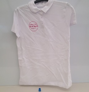 APPROX 200 X BRAND NEW F&F GIRLS KIDS SCHOOL WHITE POLO SHIRTS (EMBOSSED TRY BEFORE YOU BUY) SIZE 11-12 AND 13-14 YEARS IN 5 BOXES