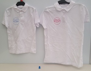 APPROX 200 X BRAND NEW F&F GIRLS & BOYS KIDS SCHOOL WHITE POLO SHIRTS (EMBOSSED TRY BEFORE YOU BUY) SIZE 7-8 YEARS, 14-15 YEARS AND 6-7 YEARS IN 5 BOXES