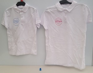 APPROX 200 X BRAND NEW F&F GIRLS & BOYS KIDS SCHOOL WHITE POLO SHIRTS (EMBOSSED TRY BEFORE YOU BUY) (MAINLY GIRLS) SIZE 6-7YEARS, 10-11 YEARS AND 12-13 YEARS IN 5 BOXES