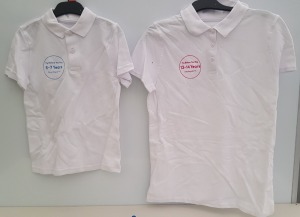 APPROX 200 X BRAND NEW F&F GIRLS & BOYS KIDS SCHOOL WHITE POLO SHIRTS (EMBOSSED TRY BEFORE YOU BUY) (MAINLY BOYS) SIZE 4-5 YEARS, 13-14 YEARS, 3-4 YEARS AND 9-10 YEARS IN 5 BOXES