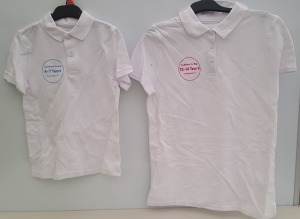 APPROX 200 X BRAND NEW F&F GIRLS KIDS SCHOOL WHITE POLO SHIRTS (EMBOSSED TRY BEFORE YOU BUY) (MAINLY BOYS) SIZE 8-9 YEARS AND 9-10 YEARS IN 5 BOXES