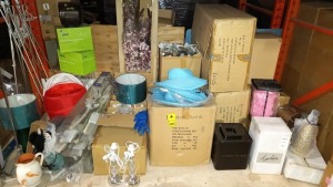 MISC LOT OF BRAND NEW ITEMS IN A FULL BAY IE. 3 GLASS BALL DESIGN LAMP BASES, FOIL GENIE DISPENSER, TRIPOD LAMP BASES, TURQOISE HATS, JOHNNIE WALKER ICE BUCKETS (12 OF), PRE-LIT WHITE ORCHID BRANCHES, ARTIFICAL FLOWERS, ETC.