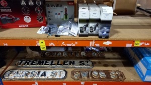 1 X HOOVER WHIRLWIND BRAND NEW 1 X BREVILLE BLENDER COLOURR MIX FAMILY 24 X BURY TECHNOLOGIES PHONE CRADLE 4 X CAST IRON ROAD SIGNS