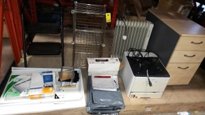1 X METAL CAGE 3 FEET HIGH, 1 X SET OF 3 DRAWERS, 1 X CANON PRINTER, 1 X MICROMARK PORTABLE HEATER, 1 X SMALL STEP LADDERS, VARIOUS STATIONARY
