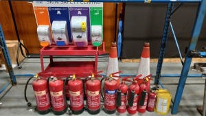 2 X TRAFFIC CONES; 9 X VARIOUS FIRE EXTINGUISHERS; 1 X METAL TROLLEY; 1 X SKIN SAFETY CENTRE