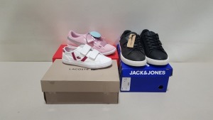 6 PIECE MIXED SHOE LOT CONTAINING 3 X JACK & JONES BLACK TRAINERS, 1 X PINK PUMA SUEDE SHOES (JUNIOR), 1 X LACOSTE PUMPS AND 1 X JACK WOLFSKIN SANDALS (PLEASE NOTE SOME ITEMS MAY BE MARKED OR DAMAGED)