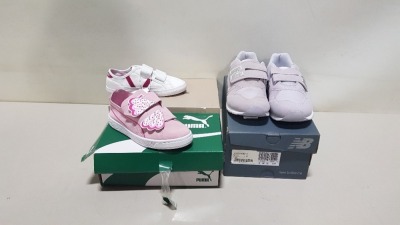 6 PIECE MIXED SHOE LOT CONTAINING 2 X LACOSTE TRAINERS / PUMPS (KIDS), 1 X NEW BALANCE TRAINERS (SLIGHTLY MARKED) AND 2 X PINK PUMA SUEDE SHOES (PLEASE NOTE SOME ITEMS MAY BE MARKED OR DAMAGED)