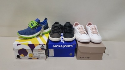 7 PIECE MIXED SHOE LOT CONTAINING 3 X PUMA PINK SUEDE SHOES, 1 X JACK & JONES TRAINERS, 1 X DIADORA BEIGE TRAINERS, 1 X LACOSTE TRAINERS AND 1 X ADIDAS TRAINERS (PLEASE NOTE SOME ITEMS MAY BE MARKED OR DAMAGED)
