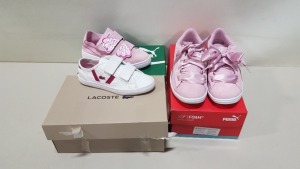 6 PIECE MIXED CLOTHING LOT CONTAINING 3 X PUMA PINK SUEDE SHOES IN VARIOUS JUNIOR SIZES, 1 X LACOSTE PINK KIDS TRAINERS AND 2 X JACK & JONES KIDS SHOES (PLEASE NOTE SOME ITEMS MAY BE MARKED OR DAMAGED)