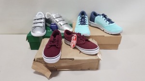 6 PIECE MIXED SHOE LOT CONTAINING 2 X KD JEAN STYLE ANKLE BOOTS, LE COQ SPORTIF TRAINERS, LACOSTE TRAINERS, VANS PUMPS AND UNDER ARMOUR TRAINERS (PLEASE NOTE SOME ITEMS MAY BE MARKED OR DAMAGED AND NOT IN ORIGINAL BOXES)