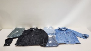 20 PIECE MIXED CLOTHING LOT CONTAINING 4 X TOPSHOP BLACK DENIM JEANS, 2 X TOPSHOP CHARCOAL DENIM JACKETS, 4 X TOPSHOP BLUE DENIM JEANS, 7 X TOPSHOP ZIP UP SKIRTS AND 4 X TOPSHOP BLUE DENIM JACKETS