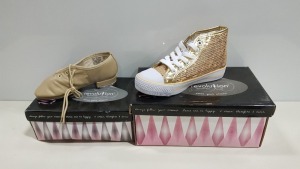 15 PIECE MIXED DANCE SHOE LOT CONTAINING 7 X REVOLUTION DANCEWEAR HIGH TOP SEQUNED SNEAKERS IN GOLD SIZE 13 AND 2 AND 8 X STRETCH TAP BOOTS IN DARK TAN SIZE 9,10 AND 11