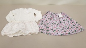 20 X BRAND NEW MIXED HAPPYOLOGY CLOTHING LOT CONTAINING WHITE FLOWER DETAILED DRESS SIZES 24-36 MONTHS - 4-5 YEARS AND 5-6 YEARS AND PURPLE FLOWER PRINTED SKIRTS IN SIZES 3-4-5-6-6-7 YEARS