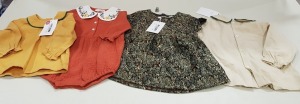 20 X BRAND NEW MIXED HAPPYOLOGY KIDS CLOTHING LOT CONTAINING BETTY ROMPER BABY GROW IN RUST COLOUR SIZES 0-3-3-6 MOTNHS AND ROMANTOC POLKA DOTTED POLLY BABY BLOUSE 0-3-3-6- 12-18 MONTHS AND BETTY ROMPER MUSTARD COLOURED BABY GROW SIZES 0-3 MONTHS AND ED