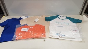 25 X BRAND NEW MIXED HAPPYOLOGY KIDS LOT CONTAINING SEAGULL AND FISH T-SHIRTS, BRYCE KNITTED TOPS, COLM T-SHIRTS IN SAPHIRE BLUE, BRIONY T-SHIRT IN ALMOND AND BEYRL POLOS IN SIZES 12-18 MONTHS 3-4-,4-5,-5-6-,6-7-YEARS