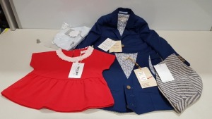 14 X BRAND NEW HAPPYOLOGY MIXED KIDS CLOTHING LOT CONTAINING COTTON SATEEN JACKET, COTTON SATEEN WAISTCOAT, AZALEA BUCKET HAT, BLUE BABY HAT, AUBREITA TOP IN RED STRIPE AND ADAIR TOP IN RUBY RED ALL IN SIZES 0-9-1-12-6-9-9-12 MONTHS 2 AND 14 YEARS