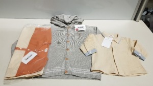 20 PIECE MIXED HAPPYOLOGY CLOTHING LOT CONTAINING MOCHI HOODED BUTTONED GREY CARDIGAN IE AGE 7 YEARS AND CALMYER TOPS IN CARAMEL COLOUR AGE 6-7 YEARS AND ELCIE SHIRTS IE AGE 0-3 MONTHS AND 6-12 MONTHS AND 12-18 MONTHS