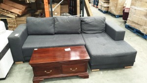 1 X GREY CORNER SOFA WITH MAHOGANY 2 DRAW COFFEE TABLE