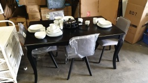 BLACK DINNING TABLE WITH 4 X GREY CHAIRS WITH ACCESSORIES IE PLATES BOWLS CUPS PANS AND EGG CUPS