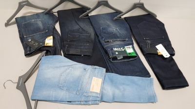 5 X PAIRS OF BRAND NEW G-STAR RAW JEANS IN VARIOUS STYLES & COLOURS IE. LIGHT BLUE, DARK BLUE AND GREY ETC - RRP £400 - SIZE 28