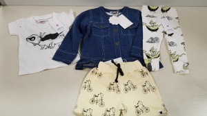 51 X BRAND NEW HAPPYOLOGY CHILDRENS WEAR IE. 18 X DENIM PRESS BUTTON JACKETS IN SIZES 12-18 MONTHS, 18-24 MONTHS PLUS 33 SHORTS AND SHIRTS IN VARIOUS COLOURS AND SIZES ETC