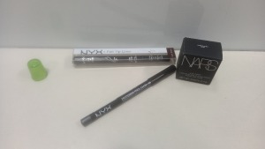 64 PIECE MIXED COSMETIC LOT CONTAINING 20 X NYX SILVER EYE/EYEBROW PENCILS 20 X NYX GRAY EYE/EYEBROW PENCILS 12 X NYX DARK BROWN FELT TIP LINER 12 X NARS SNAKE EYES EYE PAINT